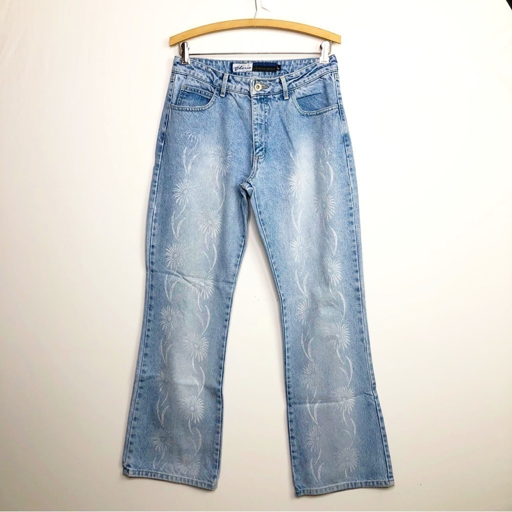 𝅺Express blues light wash, graphic, printed BoHo boot cut jeans